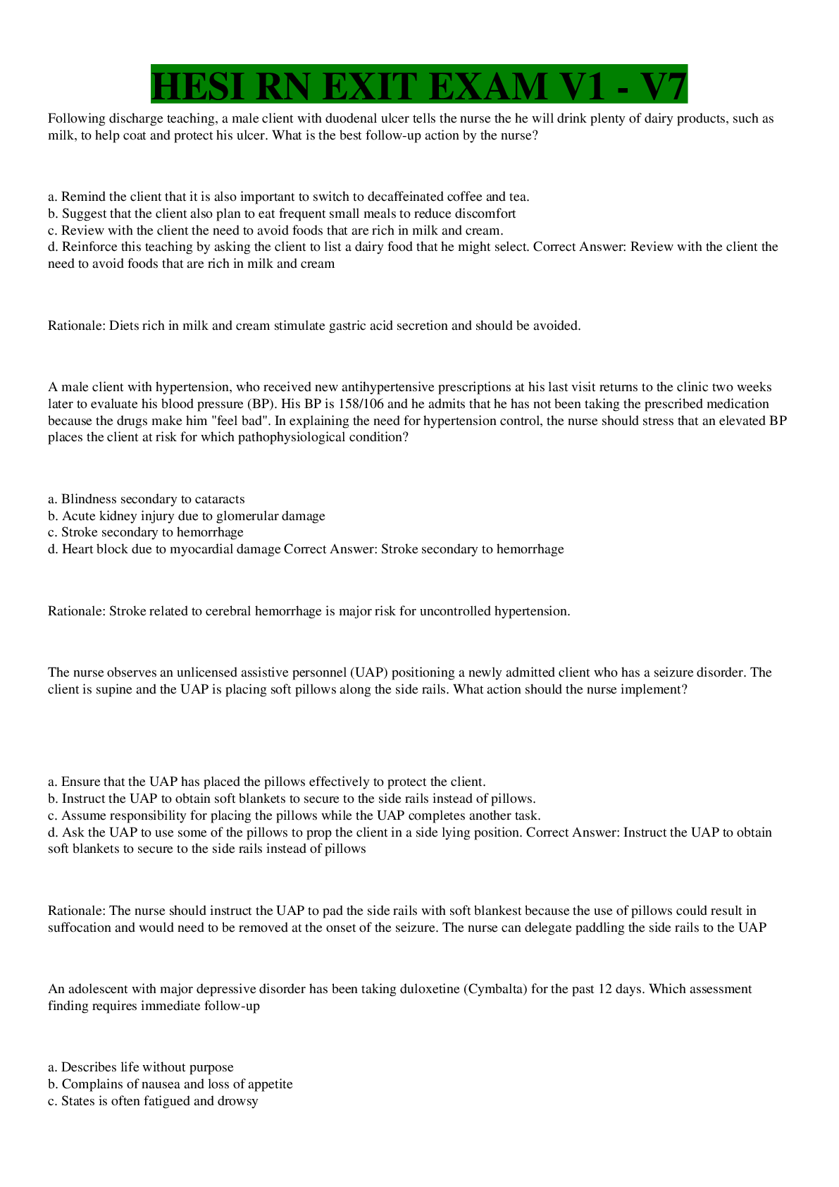 Preview image of HESI RN EXIT EXAM V1 - V7 document